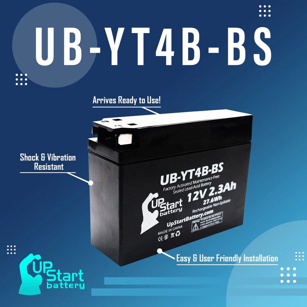 2-Pack UpStart Battery Replacement 2012 Yamaha SR400 () 400CC Factory Activated, Maintenance Free, Motorcycle Battery - 12V, 2.3Ah, -YT4B-