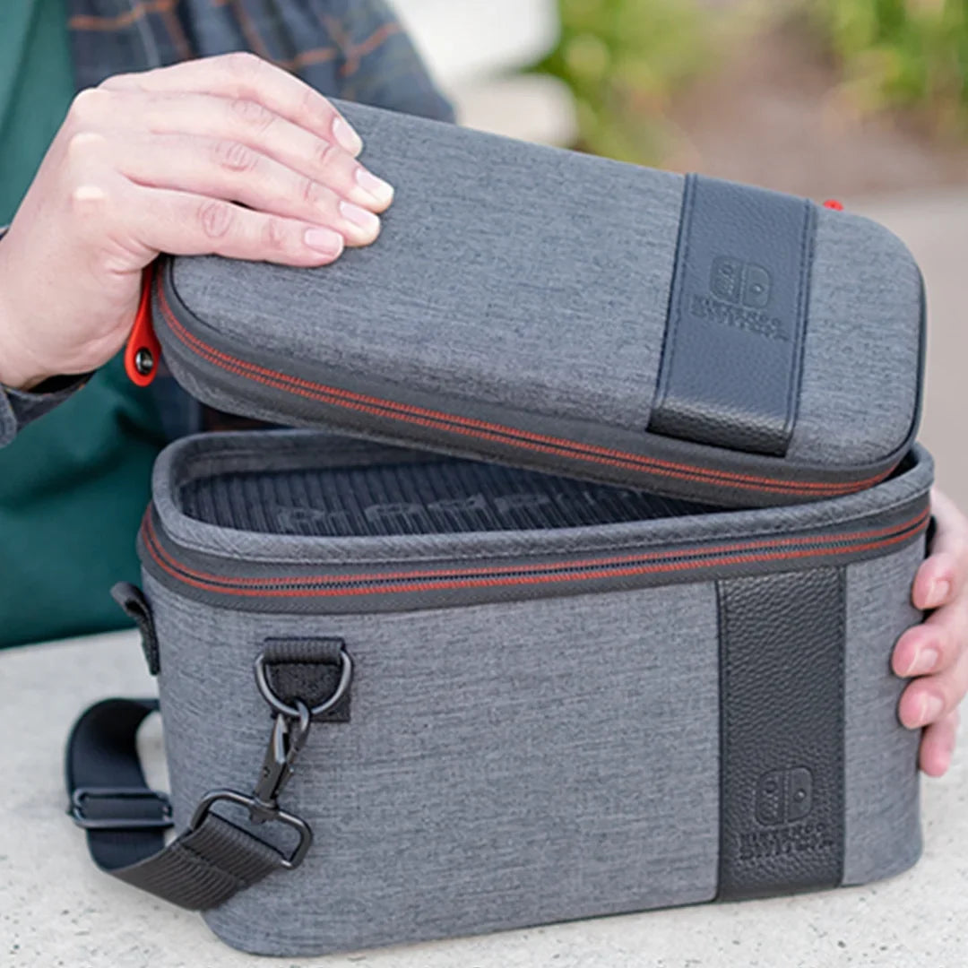 Gaming Pull-N-Go Travel Case Elite Edition: 2-in-1 with Built-in Console Stand, Removable Straps & Interchangeable Dividers: Grey - Nintendo Switch