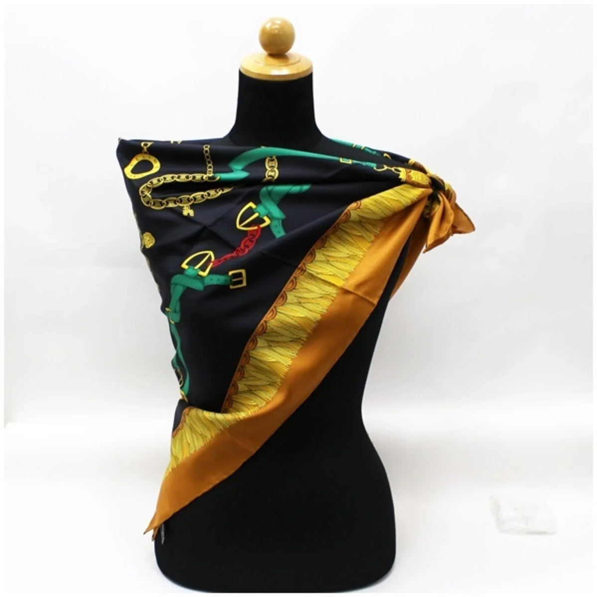 Pre-Owned Celine silk scarf muffler black x beige belt pattern  ladies with paper case (Like New)