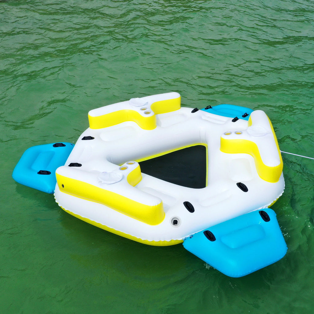 IFI6P Inflatable Floating Island Lounge Raft with Cup Holders and Coolers - 6 Person