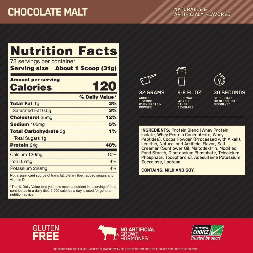 Optimum Nutrition, Gold Standard 100% Whey Protein Powder, Chocolate Malt, 5 lb, 73 Servings