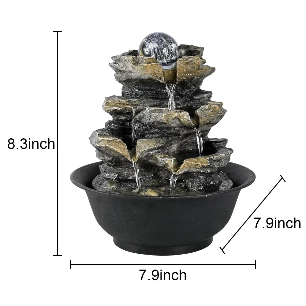 8.3-inch High 4-Tier Cascading Rock Falls Tabletop Water Fountain with  Lights for Home and Office Decor