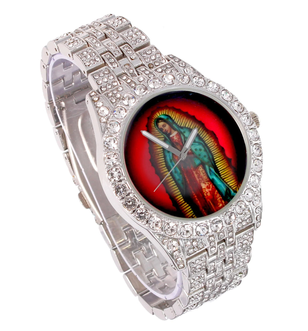 Charles Raymond The Virgin of Guadalupe Blessed Dial - Mens Hip Hop Metal Iced Out Wristwatch - Blinged Out Big Rhinestones on Trim - ST10226  Single (Silver ST10361A)