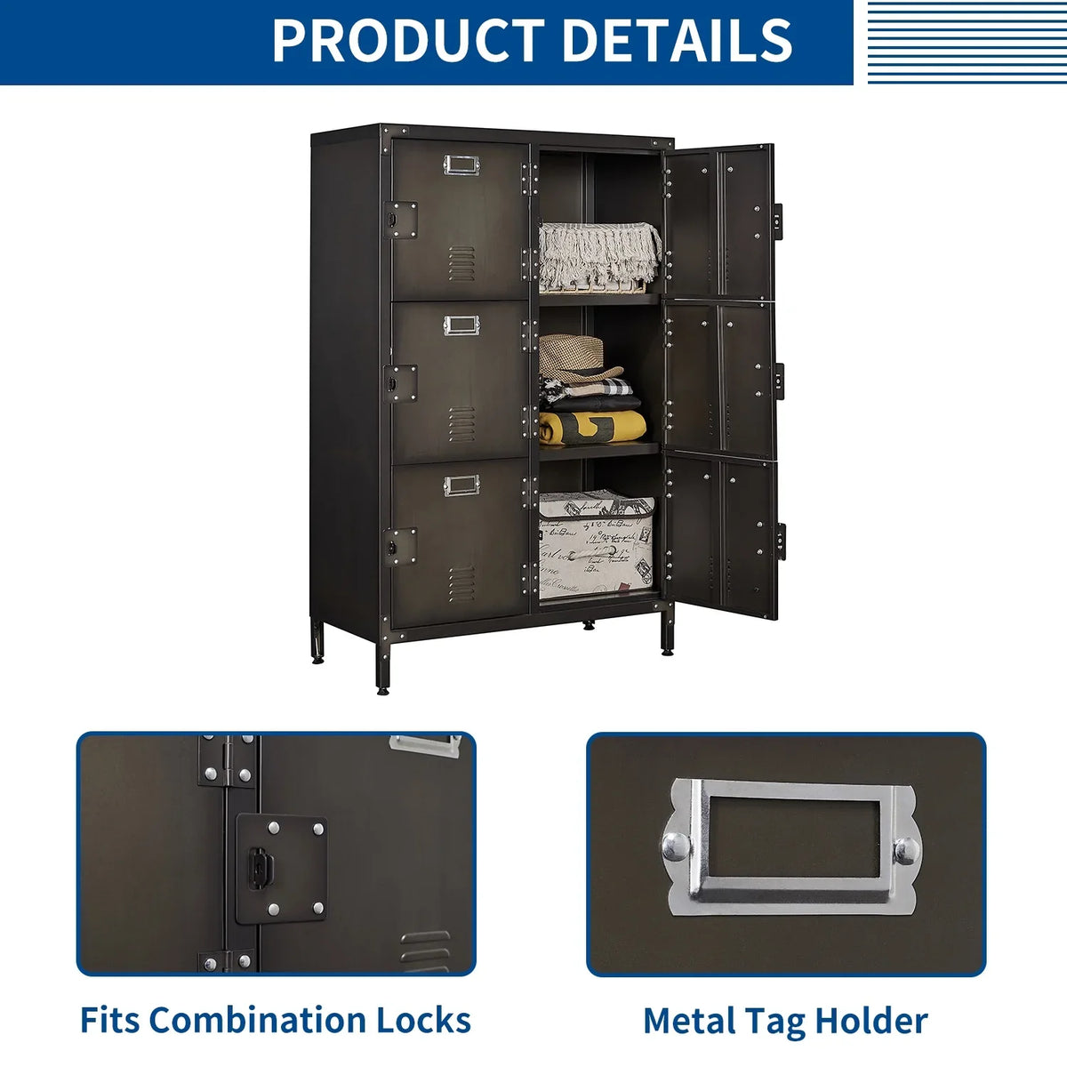Metal Locker 47.3" Steel Storage Cabinet with 2 Shelf ,Office School Gym Bedroom Metal Storage Locker Cabinets for Employees Students Steel Locker
