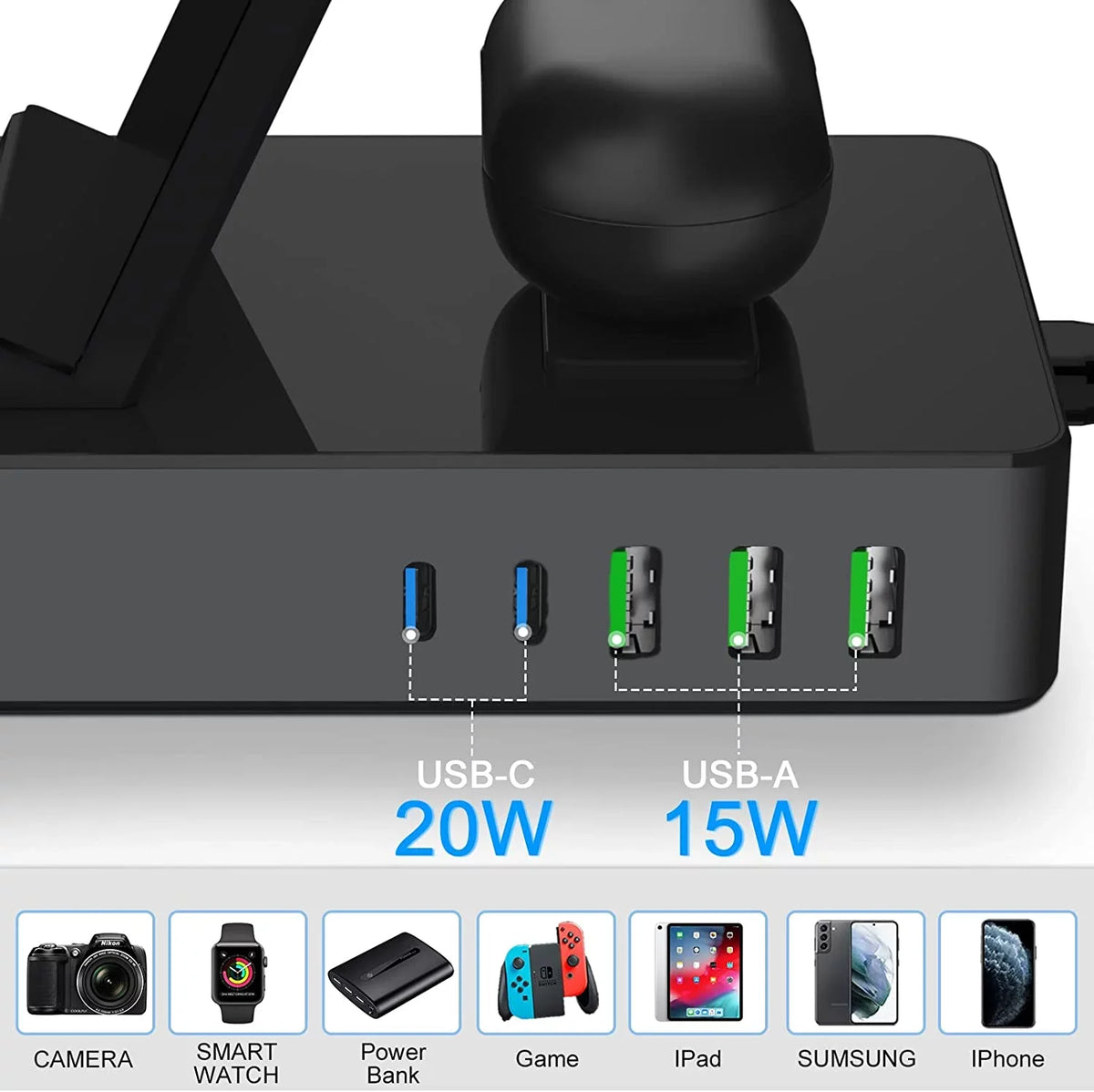 8 in 1 Charging Station for Sumsung, 100W Wireless Charger for Multiple Devices, Lidlife Fast Charging Stand Dock for AirPods with 15W Usb a/ 20W Usb C Port Compatible Black