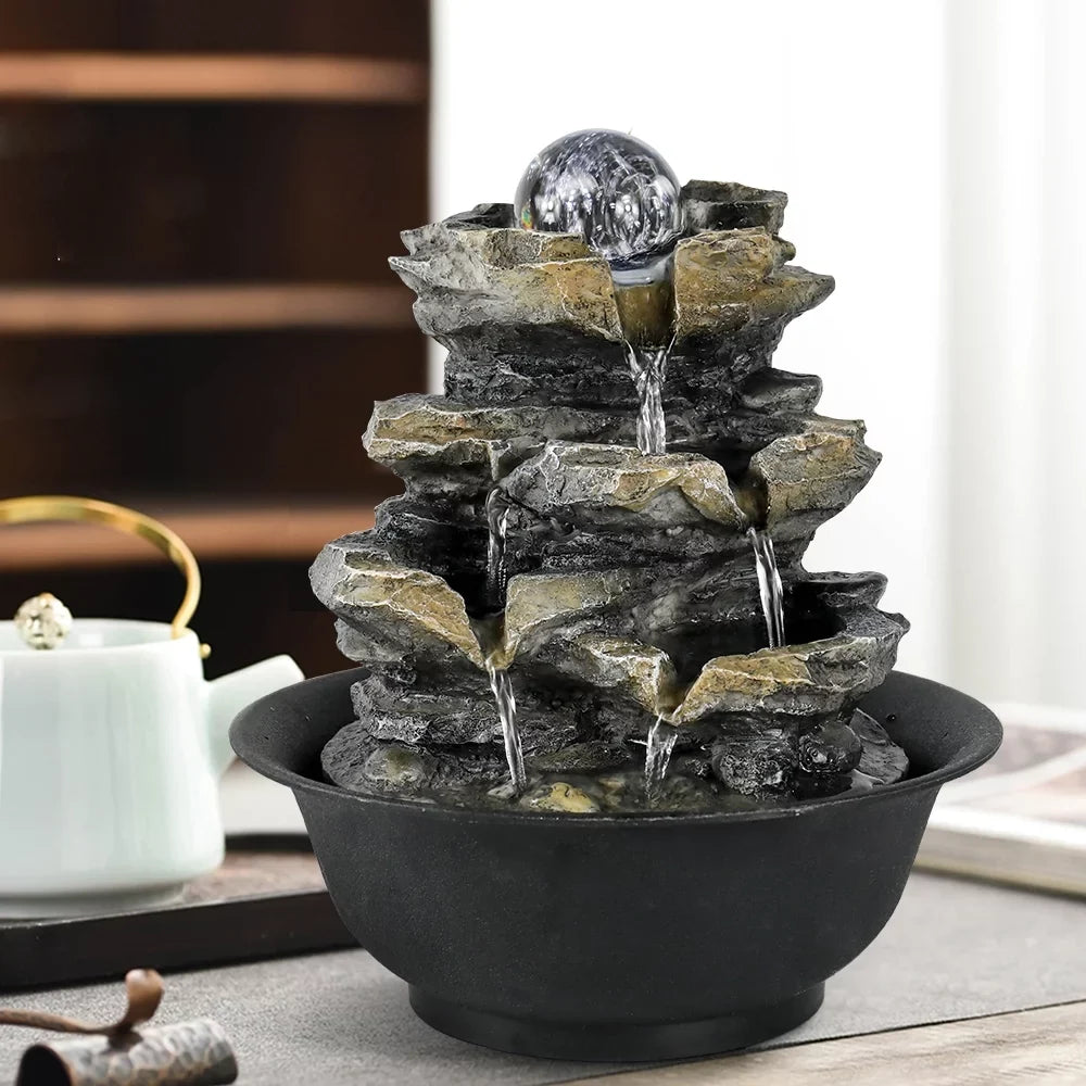 8.3-inch High 4-Tier Cascading Rock Falls Tabletop Water Fountain with  Lights for Home and Office Decor