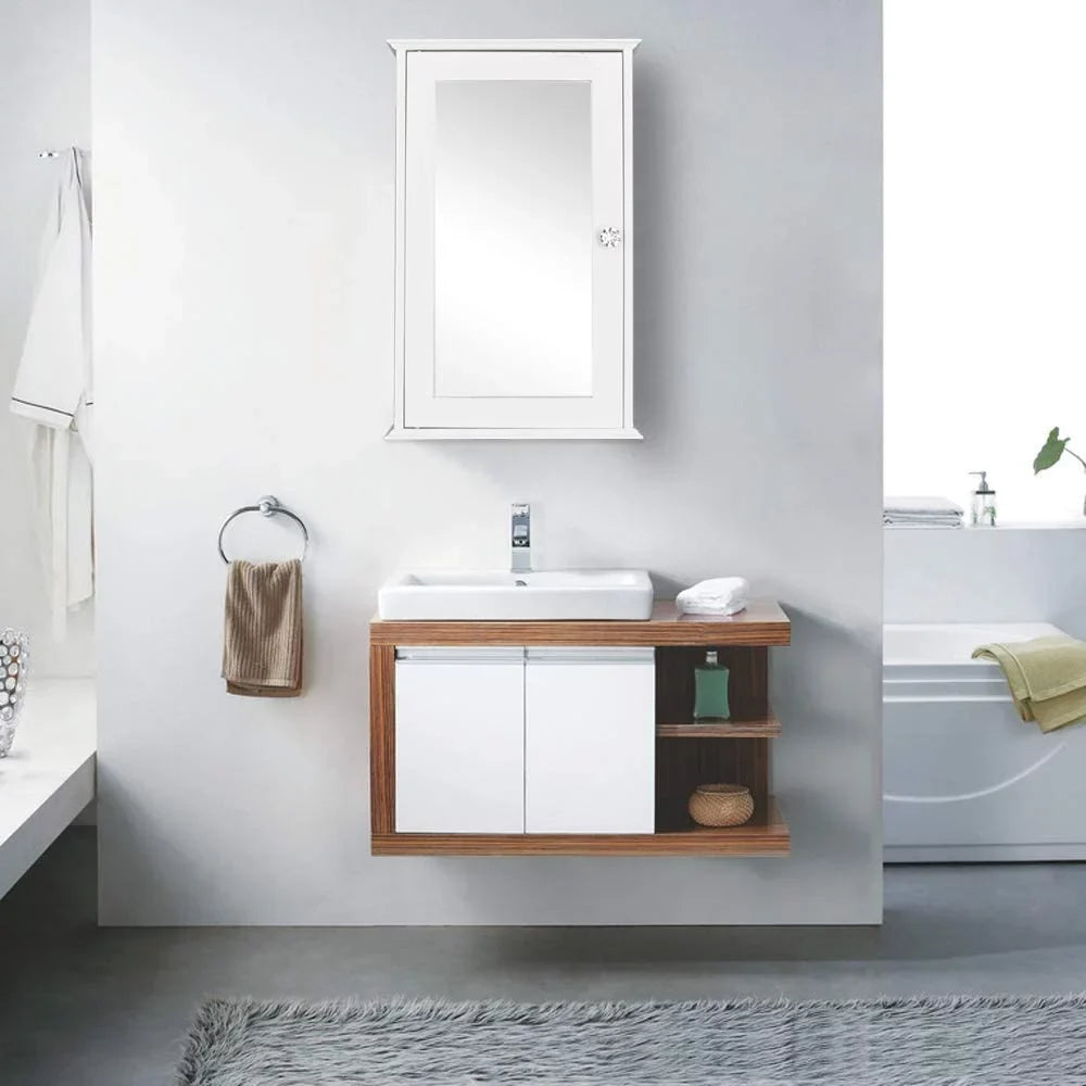 Bathroom Cabinet Wall Mount Mirrored Medicine Cabinet Storage Organizer with Single Door and 2 Adjustable Shelves White