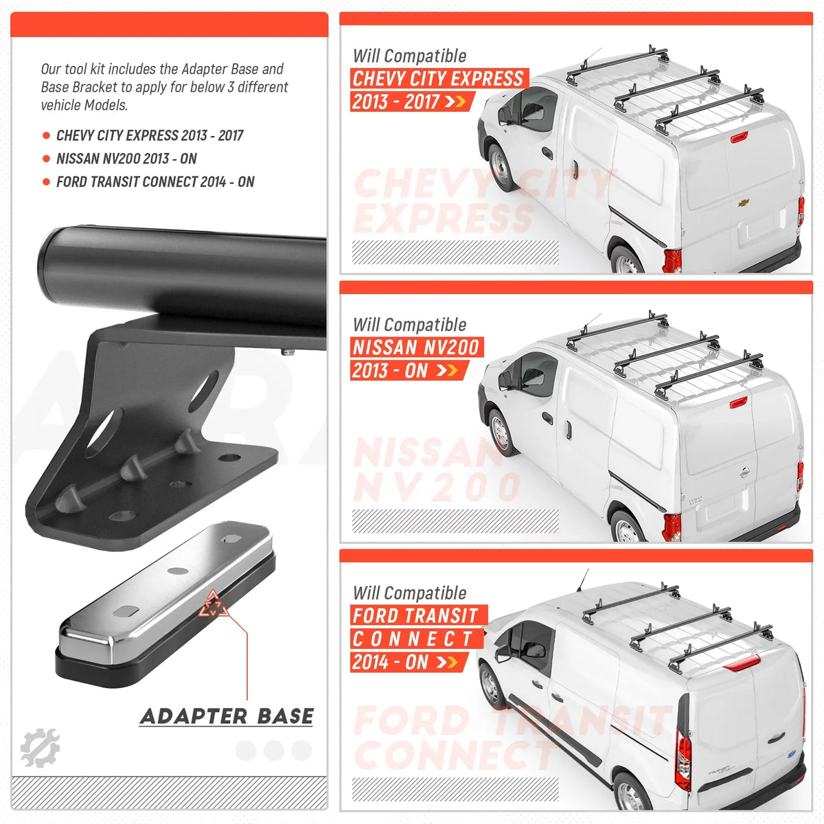 '-Racks Model AX312 Aluminum Van Roof Rack Cross Bars Fits for 2013-On NV200/ 2014-On Transit Connect/ 2013-2017 City Express, 3 Bar 50'' - Black