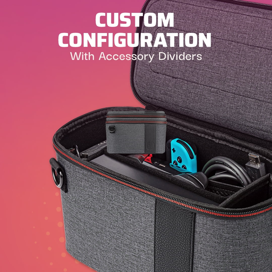 Gaming Pull-N-Go Travel Case Elite Edition: 2-in-1 with Built-in Console Stand, Removable Straps & Interchangeable Dividers: Grey - Nintendo Switch