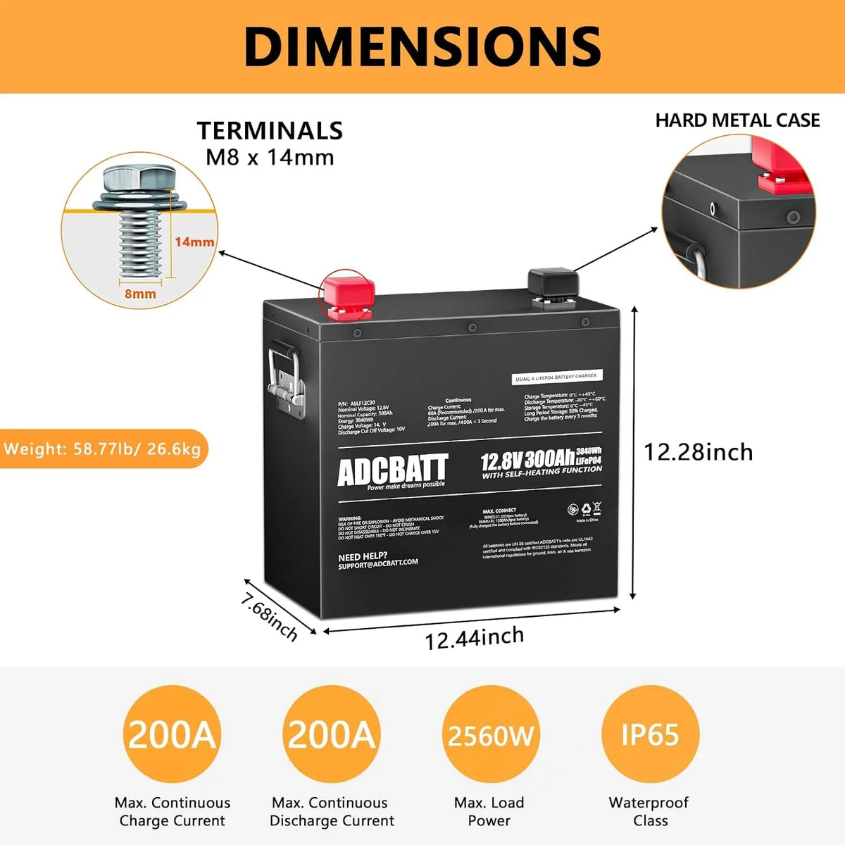 Adcbatt 12V 300Ah LiFePO4 Battery with Self Heating and Metal Case for , Trolling Motor, off-Grid