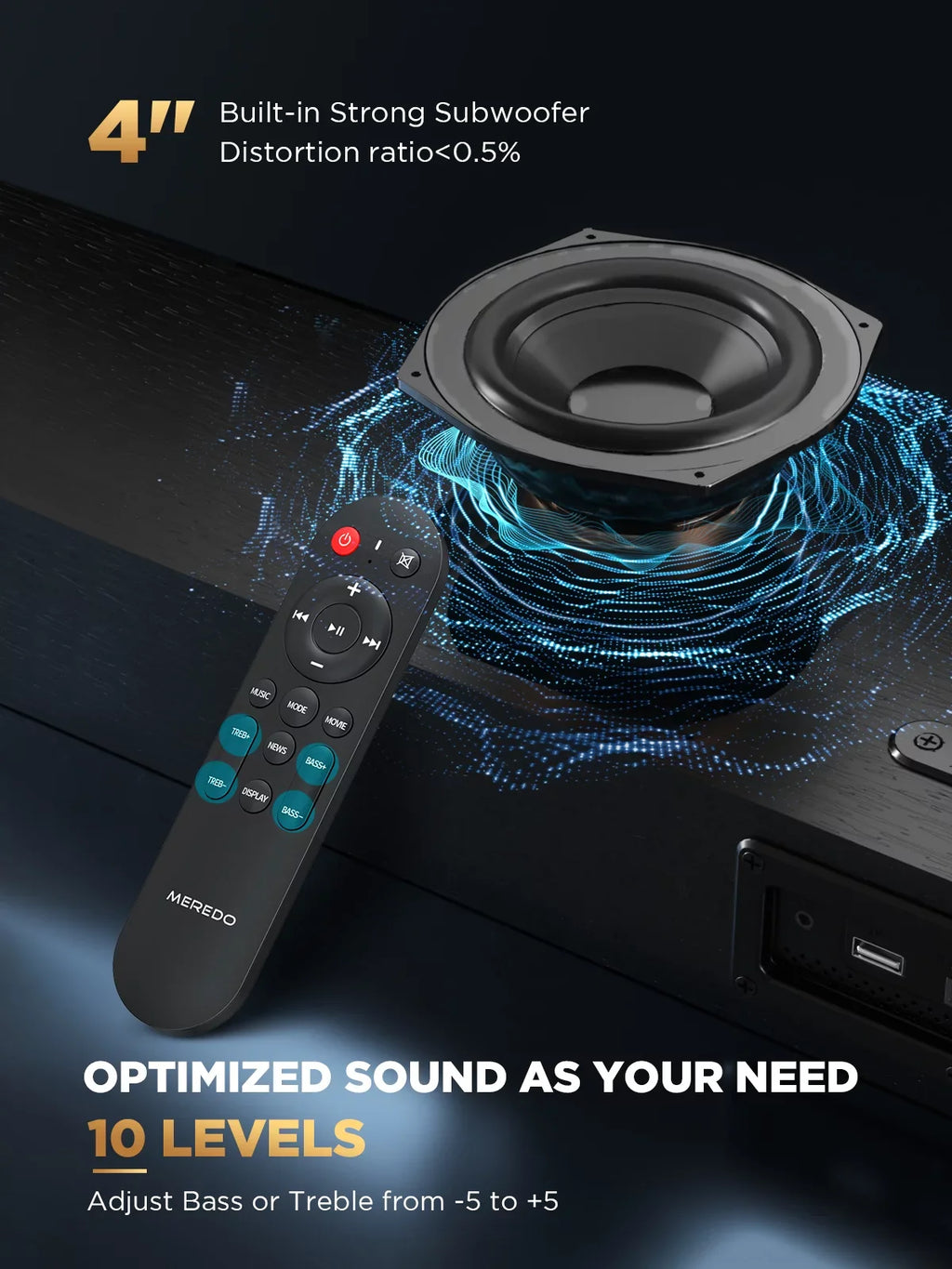 Sound Bar 28Inch Meredo Sound Bar for  Built-in Subwoofer Wooden 150W Includes  Cable Bass/Treble Adjustable 5  Modes  Arc/Optical/Aux/Bluetooth/