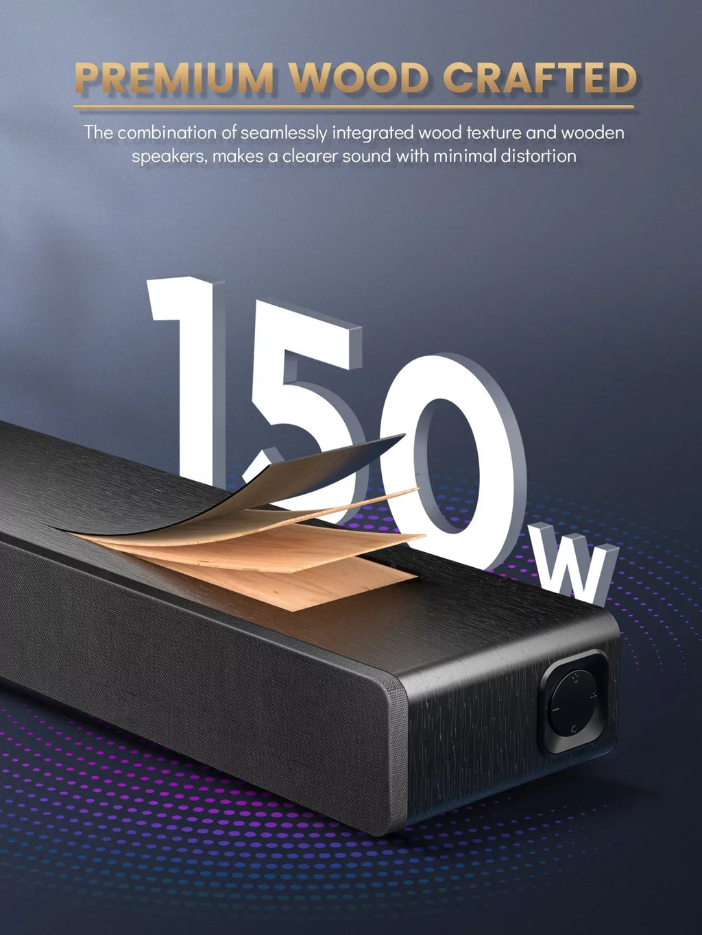 Sound Bar 28Inch Meredo Sound Bar for  Built-in Subwoofer Wooden 150W Includes  Cable Bass/Treble Adjustable 5  Modes  Arc/Optical/Aux/Bluetooth/