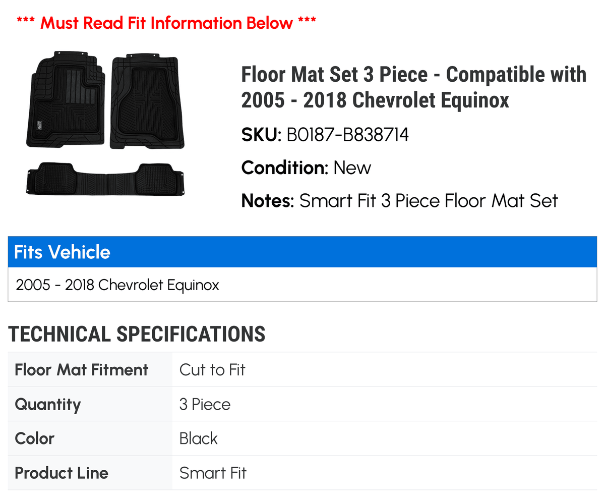 Floor Mat Set 3 Piece - Compatible with 2005 - 2018 Chevy Equinox 2006 2007 2008 2009 2010 2011 2012 2013 2014 2015 2016 2017