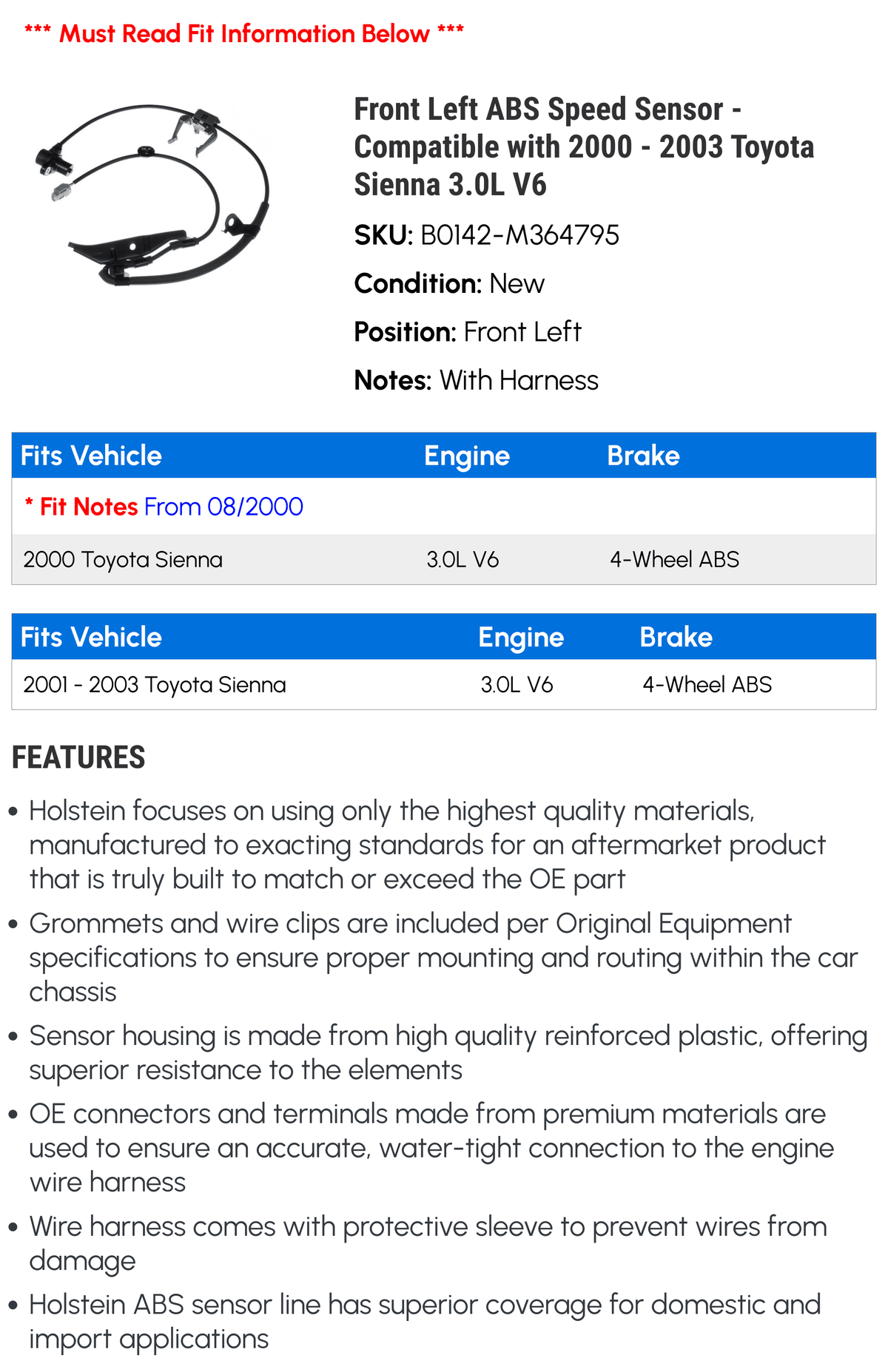 Front Left  Speed Sensor - Compatible with 2000 - 2003 Toyota Sienna 3.0L V6 2001 2002
